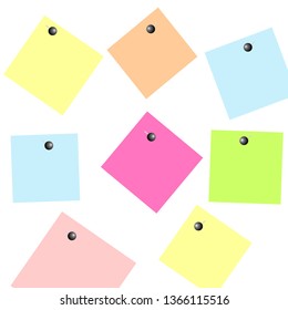 Set of stickers of different colors pinned  on a white background. Vector graphic illustration.