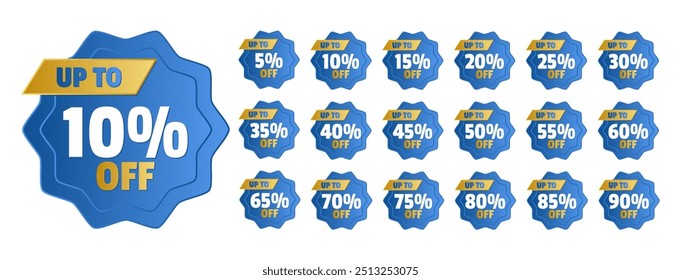 Set of stickers with different discount percentages. Circular shape with points, flower style, in blue, yellow and white with a slight metallic effect and edges.