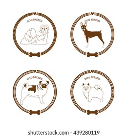 Set of stickers with different dog breed illustrations and text