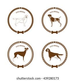 Set of stickers with different dog breed illustrations and text
