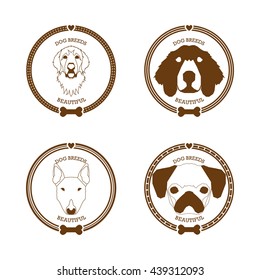 Set of stickers with different dog breed illustrations and text