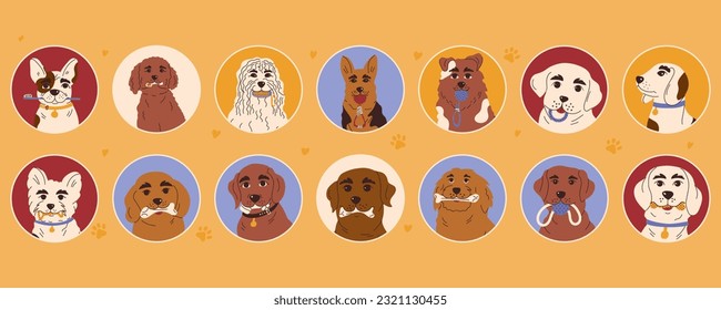 Set of stickers with different dog breeds with toys for brushing or massaging teeth. Dog dental health. Canine dental care and hygiene concept. Vector illustration