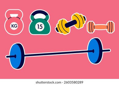 Set of stickers different dumbbells. Sport equipment. Healthy lifestyle concept.