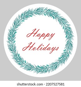 A set of stickers with different inscriptions Merry Christmas. Happy New Year 2023. Vector design of a round greeting card, stickers, emblems, tags with text and a fir wreath with berries