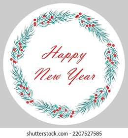 A set of stickers with different inscriptions Merry Christmas. Happy New Year 2023. Vector design of a round greeting card, stickers, emblems, tags with text and a fir wreath with berries