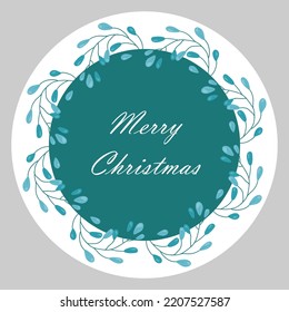 A set of stickers with different inscriptions Merry Christmas. Happy New Year 2023. Vector design of a round greeting card, stickers, emblems, tags with text and a fir wreath with berries