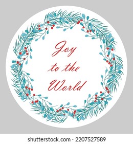 A set of stickers with different inscriptions Merry Christmas. Happy New Year 2023. Vector design of a round greeting card, stickers, emblems, tags with text and a fir wreath with berries