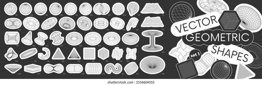 Set stickers with different linear form inspired by brutalism, collection strange wireframes vector 3d geometric shapes, distortion and transformation of figure, design elements set 1