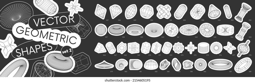 Set stickers with different linear form inspired by brutalism, collection strange wireframes vector 3d geometric shapes, distortion and transformation of figure, design elements set 2