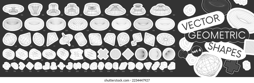 Set stickers with different linear form inspired by brutalism, distortion and transformation of figure, collection strange wireframes vector 3d geometric shapes, design elements set 4