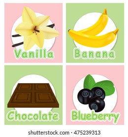 Set stickers with different products. Labels. Vanilla, banana, chocolate and blueberries. Vector illustration.
