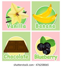 Set stickers with different products. Labels. Vanilla, banana, chocolate and blueberries. Vector illustration.
