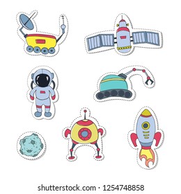 Set of stickers with different space objects. Hand drawn sketch. Vector illustration.