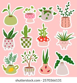 Set stickers of different tropical house plant. Cozy plants in various pot, vase. Scandinavian home decor. Flat vector cartoon illustration isolated on white