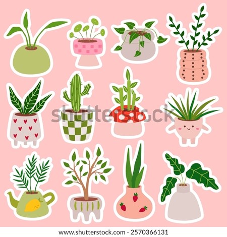 Set stickers of different tropical house plant. Cozy plants in various pot, vase. Scandinavian home decor. Flat vector cartoon illustration isolated on white