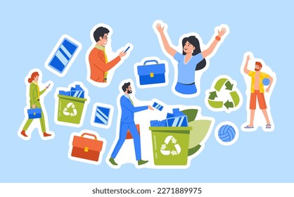 Set of Stickers, Digital Detox Patches With People Throw Out Phones Into Litter Bin And Walk On Nature