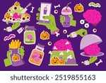 Set stickers of dish and drinks for Halloween, weird food. Zombie meal.  Cake brain, fingers, worms, eyeballs. Canned brains, soda with brains. Colorful fast food illustration 