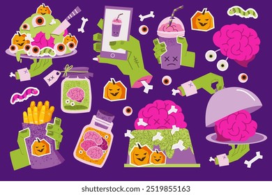 Coloque adesivos de prato e bebidas para o Halloween, comida estranha. Comida de zumbi.  Cérebro de bolo, dedos, vermes, globos oculares. Cérebros enlatados, refrigerante com cérebros. Ilustração colorida de fast food 