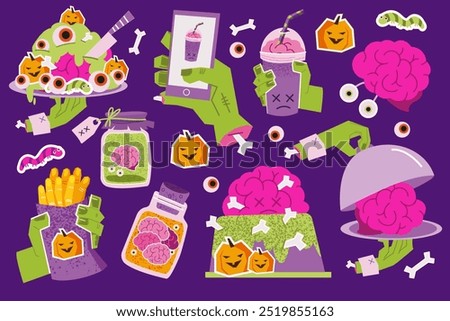 Set stickers of dish and drinks for Halloween, weird food. Zombie meal.  Cake brain, fingers, worms, eyeballs. Canned brains, soda with brains. Colorful fast food illustration 