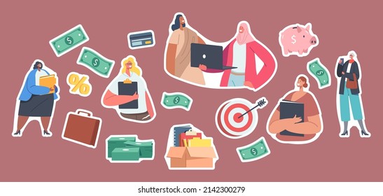 Set of Stickers Diverse Business Women, Confident Female Characters Caucasian, African, Indian or Arab Ethnicity in Formal Clothes Isolated Design Elements. Cartoon People Vector Illustration, Patches