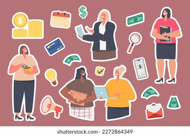 Set of stickers diverse business women concept with people scene in the flat cartoon design. Stickers with women who solve business cases. Vector illustration.