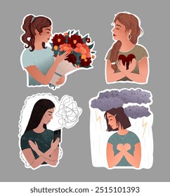 Set of stickers with diverse cute women. Modern hand-drawn flat vector illustration.