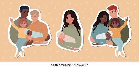 Set of stickers with diverse families. Mixed family, LGBT family, single mother.