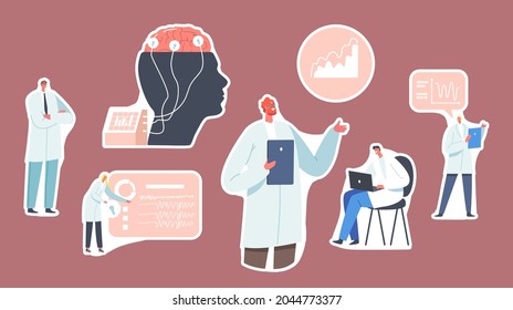 Set of Stickers Doctor Neurologist, Neuroscientist, Physician Characters, Brain Connected to Display with Eeg Indication. Neurology, Neuroscience, Electroencephalography. Cartoon Vector Illustration