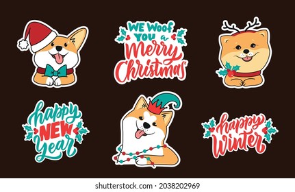 The set of stickers with dogs and quotes about Happy New Year, Merry Christmas, Happy winter. The vintage phrases and saying is good for holiday designs. The vector illustration