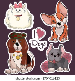 Set of stickers dogs, spitz, bulldog, foxhound, corgi, isolated pictures and the inscription i love dogs