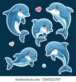 A set of stickers with dolphins in a cartoon style. Vector set of stickers isolated on a dark background.