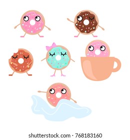 Set of stickers donuts. Cheerful donut vector illustration. Idea for cafe.