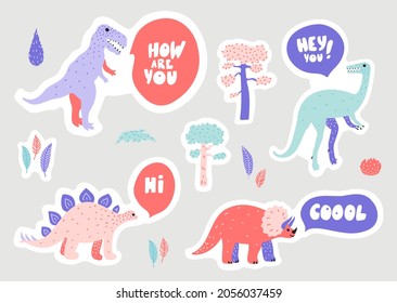 Set of stickers with doodle illustrations of Velociraptor, Tyrannosaurus Rex, Stegosaurus, Triceratops, pines, juniper bushes and leaves. Pretty childish drawings in pastel colors.