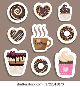 a set of stickers with drawn sweets and a Cup of coffee. nine options. flat drawing in
cartoon style. stock vector illustration. EPS 10.
