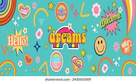 Set of  stickers: Dreams, Hello, Welcome, Cute, Sweet dreams, What's up, Miss you. Boho Kids Doodle Style Stickers on  transparent background