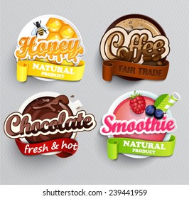 Set of stickers of drinks chocolate, coffee, smoothie and honey. Vector.