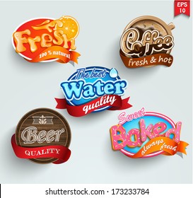 Set of stickers of drinks lemonade, beer, water, coffee and pastries. Vector.