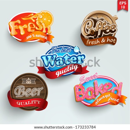 Set of stickers of drinks lemonade, beer, water, coffee and pastries. Vector.