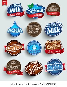 Set of stickers of drinks milk, beer, water, coffee. Vector/