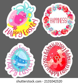 A set of stickers. Easter drawing. Easter eggs. For the feast of the Christian and Catholic Resurrection. Church traditions. Bright colors.