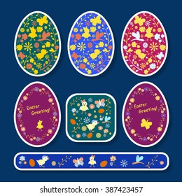 Set of stickers for Easter eggs of different colors on a dark blue background.  Vector illustration.