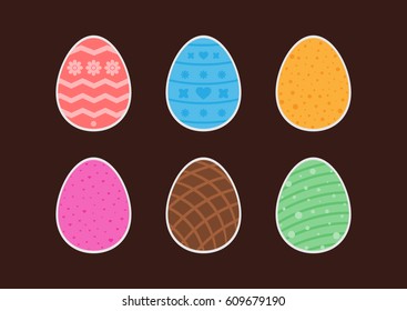 Set of stickers easter eggs with different patterns. Flower, heart, polka dot, zigzag, line. Blue, white, pink, brown, green, purple isolated symbols. Flat. Vector illustration.