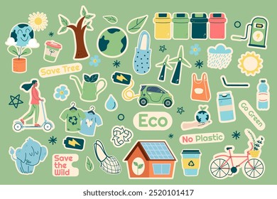 Set stickers ecology elements letterings elements