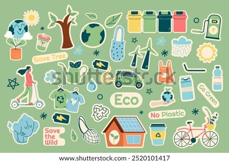 Set stickers ecology elements letterings elements