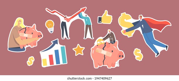 Conjunto de Stickers Tema de Recuperación Económica. Personaje de mujer de negocios con Broken Piggy Bank, empresario Rising Up V Shape Arrow Graph, superhéroe con dólar dorado. Ilustración de vectores de personas de caricatura