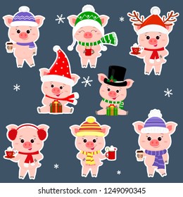 Set of stickers eight pigs in different hats and a scarf. Keep a cup of various hot drinks and gifts. Happy New Year and Merry Christmas. The symbol of the Chinese New Year. Vector.