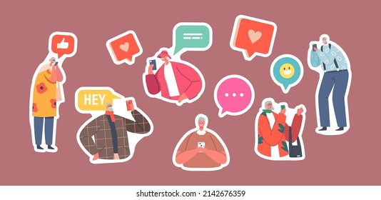 Conjunto de stickers Personas de edad avanzada se comunican en las redes sociales. Personajes masculinos y femeninos mayores con teléfonos móviles navegando por Internet, chat y mensajería en línea. Ilustración de vectores de dibujos animados, parches