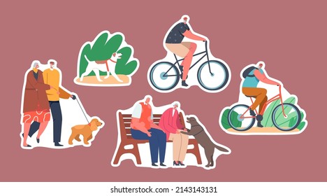 Set of Stickers Elderly People Walk with Dog in Park. Aged Male and Female Characters Relax with Animal, Promenade, Sitting on Bench, Riding Bicycle with Pet at Garden. Cartoon Vector Illustration