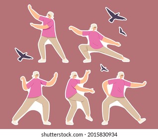 Set of Stickers Elderly Woman Exercising, Making Tai Chi Movements and Poses for Body Flexibility and Wellness. Senior Character Workout Classes, Aged People Healthy Life. Cartoon Vector Illustration
