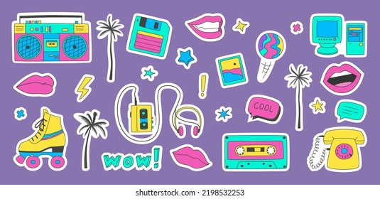 Set of stickers elements of the 90s. Fashion patches with roller skates, tape recorder, lips, cassette tape and others.